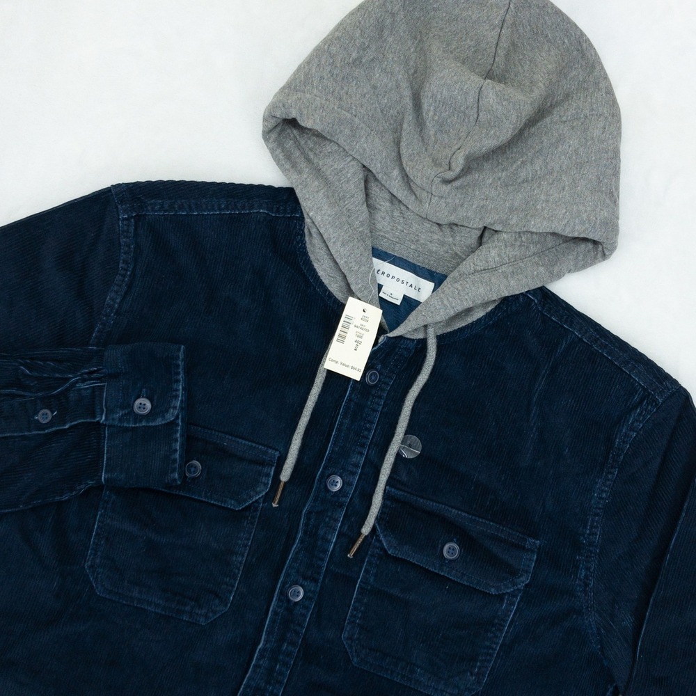 Aeropostale Hooded Corduroy Jacket Mens Small Navy Blue Long Sleeve Button Down